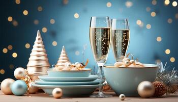 AI generated Winter celebration table decorated with Christmas ornaments, illuminated by candlelight generated by AI photo
