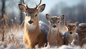 AI generated Cute deer in winter forest, looking at camera generated by AI photo