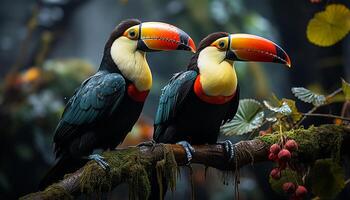 ai generado tucán y guacamayo encaramado en rama en tropical selva generado por ai foto