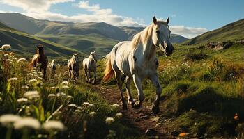 ai generado caballo roza en prado, rodeado por naturaleza belleza generado por ai foto