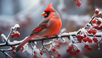 ai generado un linda pinzón encaramado en un rama en el nieve generado por ai foto