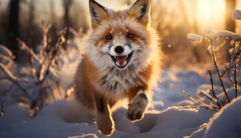 ai generado un linda rojo zorro jugando en el Nevado bosque generado por ai foto