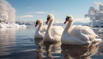 ai generado mudo cisne graciosamente nada en tranquilo invierno estanque reflexión generado por ai foto