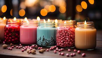 AI generated Freshness and sweetness on a wooden table, chocolate dessert and candle generated by AI photo