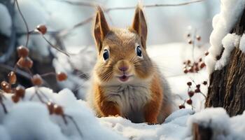 ai generado linda Conejo sentado en rama, mirando a cámara en nieve generado por ai foto