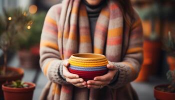 AI generated One woman holding a pottery mug, smiling, enjoying hot tea generated by AI photo
