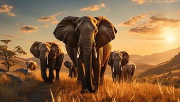 AI generated African elephant herd walking in the tranquil savannah landscape generated by AI photo