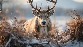 AI generated A cute stag grazes in a snowy meadow, surrounded by tranquility generated by AI photo