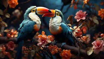 AI generated Vibrant macaw perching on branch, eating, surrounded by nature generated by AI photo