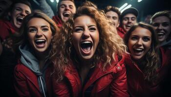 AI generated Young adults enjoying a fun night out, screaming with excitement generated by AI photo