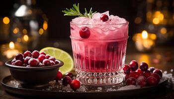 AI generated Fresh fruit cocktail on wooden table, perfect summer refreshment generated by AI photo