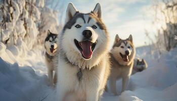 ai generado linda trineo perro corriendo en Nevado bosque, trayendo alegría generado por ai foto