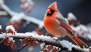 AI generated Cute finch perching on snow covered branch in winter forest generated by AI photo