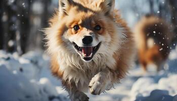 ai generado un linda perrito jugando en el nieve, disfrutando invierno al aire libre generado por ai foto