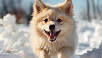 ai generado linda perrito jugando en el nieve, disfrutando invierno al aire libre generado por ai foto