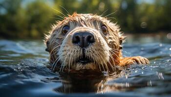 ai generado linda perrito jugando en agua, mojado pelo, juguetón y divertido generado por ai foto
