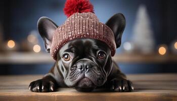 AI generated Cute French bulldog puppy looking at camera, indoors, wearing cap generated by AI photo