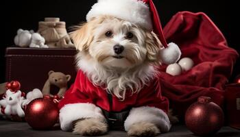 AI generated Cute puppy sitting, looking at camera, wearing Christmas costume generated by AI photo