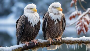 AI generated Majestic bald eagle perching on branch, close up of animal eye generated by AI photo