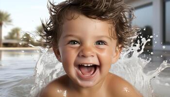 ai generado sonriente linda chico, mojado y alegre, disfrutando agua jugar generado por ai foto
