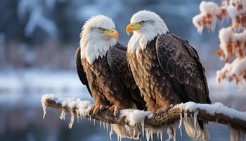 AI generated Majestic bald eagle perching on snowy branch, eyes focused generated by AI photo