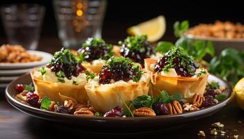AI generated Freshness and indulgence on a rustic wood table, gourmet meal generated by AI photo