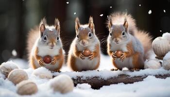 AI generated Cute small mammals playfully eating food in snowy forest generated by AI photo