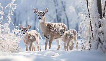 AI generated Cute fawn standing in snow, looking at camera, outdoors generated by AI photo