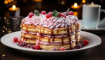 AI generated A stack of homemade pancakes with fresh berries and chocolate generated by AI photo