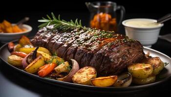 ai generado A la parrilla bife, Fresco verduras, y rústico mesa crear gastrónomo comida generado por ai foto