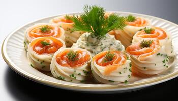 AI generated Gourmet seafood appetizer, fresh dill, rolled up, healthy eating generated by AI photo