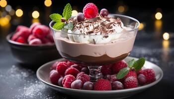 ai generado hecho en casa gastrónomo postre frambuesa chocolate mousse con Fresco menta hoja generado por ai foto