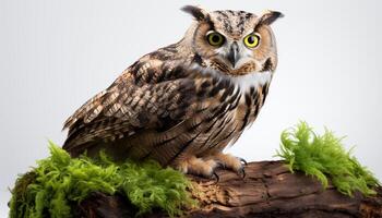 AI generated Close up of a majestic eagle owl perching, staring with piercing blue eyes generated by AI photo