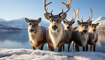 AI generated Cute deer in winter forest, looking at camera, snowing generated by AI photo