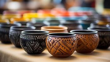 AI generated A colorful collection of pottery crafts decorates the wooden table generated by AI photo