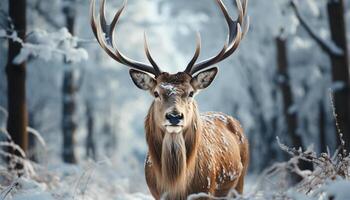 ai generado linda ciervo en invierno bosque, mirando a cámara, Nevado paisaje generado por ai foto