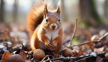 ai generado linda pequeño mamífero sentado en rama, comiendo bellota en otoño generado por ai foto