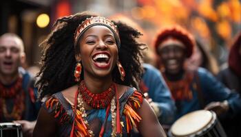 ai generado joven adultos disfrutando un música festival, sonriente y bailando juntos generado por ai foto