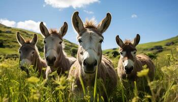 ai generado linda Burro pasto en verde prado, rodeado por granja animales generado por ai foto