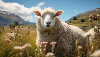 AI generated Cute lamb grazing in green meadow with mountain backdrop generated by AI photo