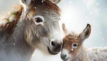 AI generated Cute horse looking at camera in snowy rural meadow generated by AI photo