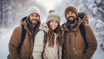 AI generated Smiling outdoors, winter adventure, men and women hiking together generated by AI photo
