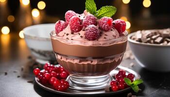 AI generated A gourmet dessert homemade raspberry mousse with chocolate and mint generated by AI photo