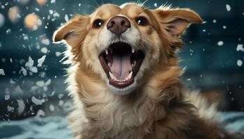 AI generated Cute puppy sitting in snow, tongue out, enjoying winter generated by AI photo