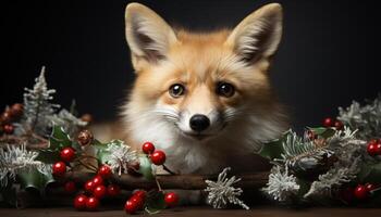 AI generated Cute puppy sitting, looking at camera, with Christmas tree gift generated by AI photo