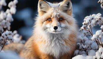 AI generated Cute red fox puppy sitting in snowy autumn forest generated by AI photo