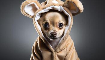 AI generated Cute small dog in costume looking at camera indoors generated by AI photo