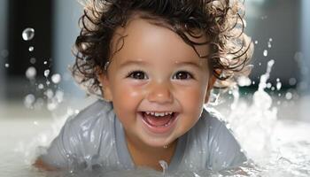 ai generado sonriente niño, mojado y alegre, trae felicidad y linda alegría generado por ai foto