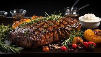 AI generated Grilled steak, cooked rare, served on rustic plate with vegetables generated by AI photo