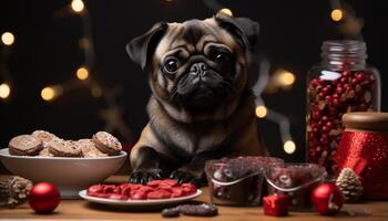 ai generado linda perrito en mesa, rodeado por Navidad decoraciones y regalos generado por ai foto